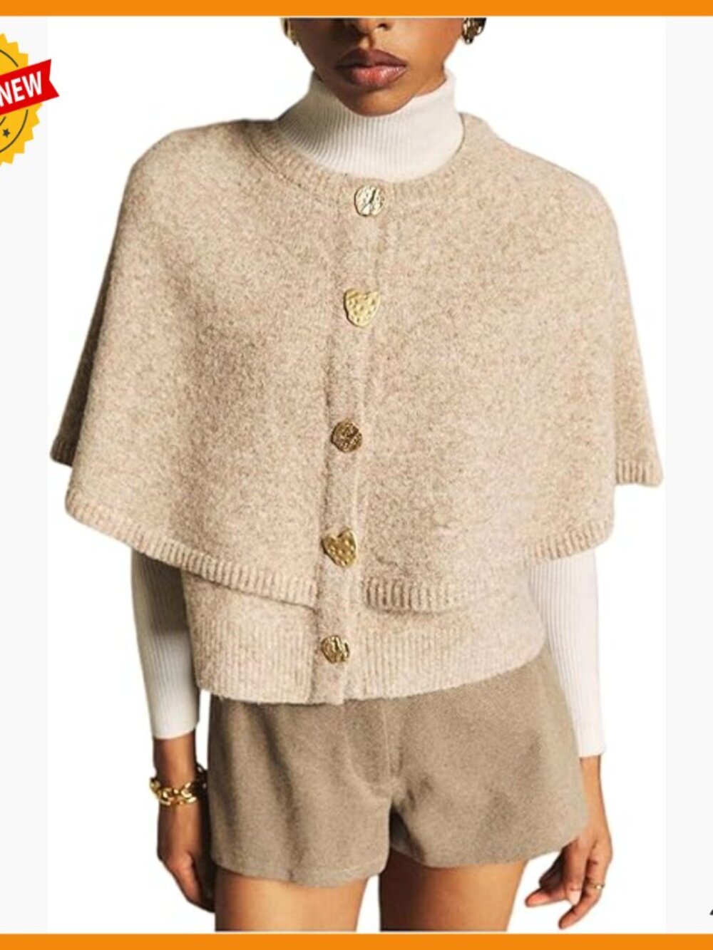 Button Up Cape Cardigan Knit Poncho Sweater Crew Neck Half Sleeve